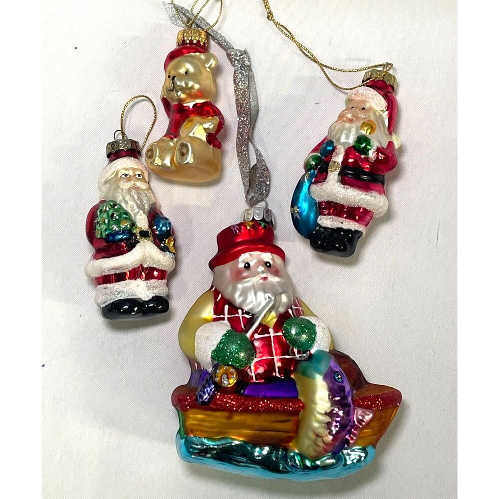 Celebrate Radko C&D Glass Christmas Ornament Lot of 4 Santa Bear Fishing